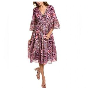Kobi Halperin Rosa Ikat Boho Pink Printed Midi Dress with V-Neck Size M